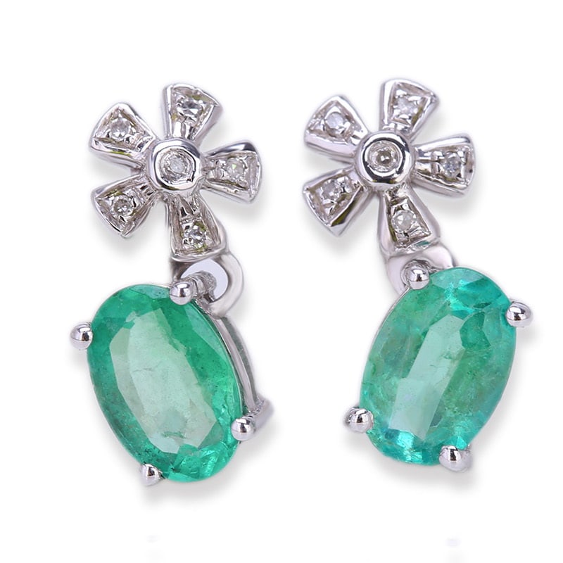 14k Gold 1.6 Ct Natural Emerald & Diamond Earrings - 2