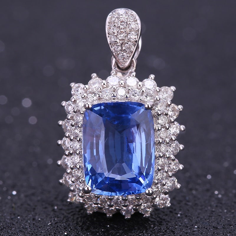 14k Gold 3.15 Ct Natural Sapphire & Diamond Pendant( Without Chain ): Ref:231032178 // gold content:14k gold // main gemstone:sapphire // shape:cushion // carat weight:3. 15ct // color:blue // treatment:natural // // adjacent gemstone 2 : diamond // shape:round //
