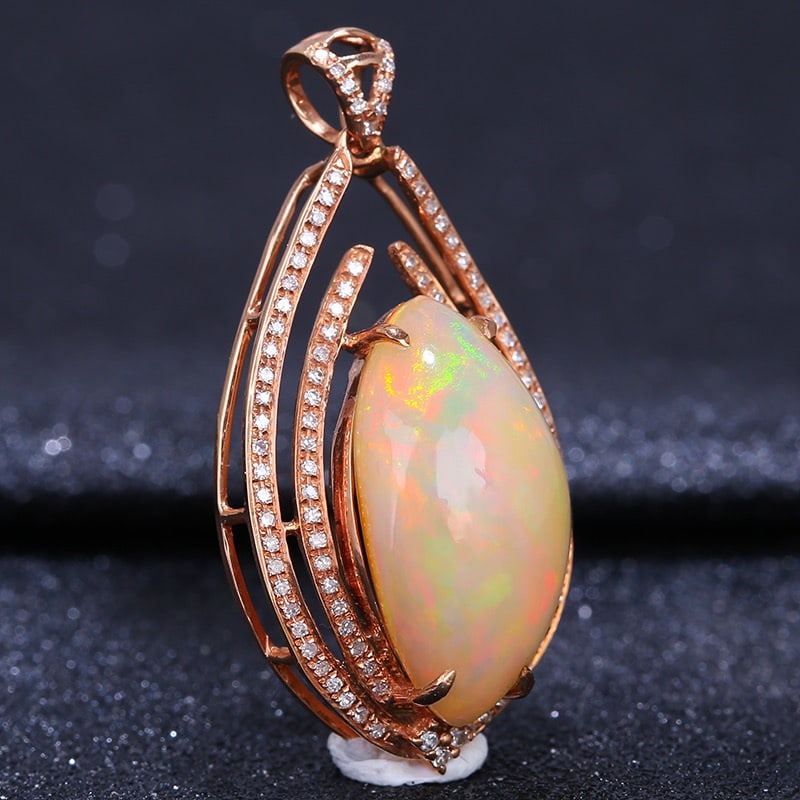 14k Gold 7.07 Ct Natural Opal & Diamond Pendant( Without Chain ) - 3