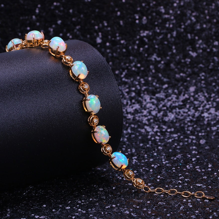 14k Gold 7.08 Ctw Natural Opal & Diamond Bracelet - 2
