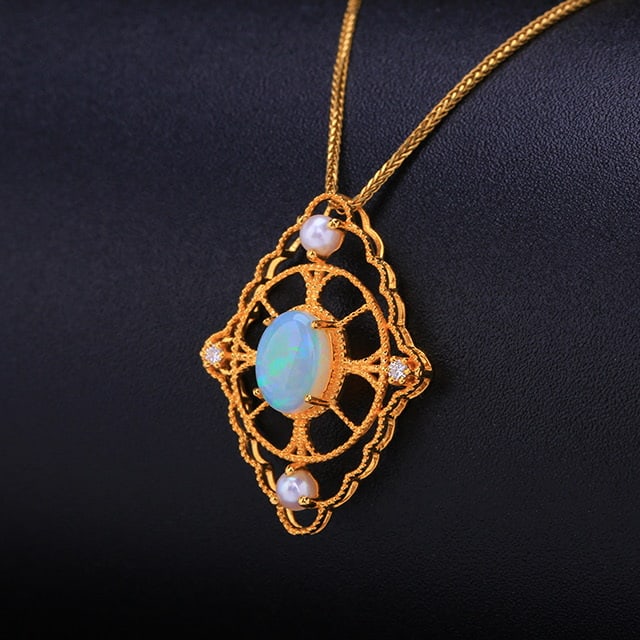 14k Gold 0.99 Ctw Natural Opal & Diamond Pendant( Without Chain ) - 2