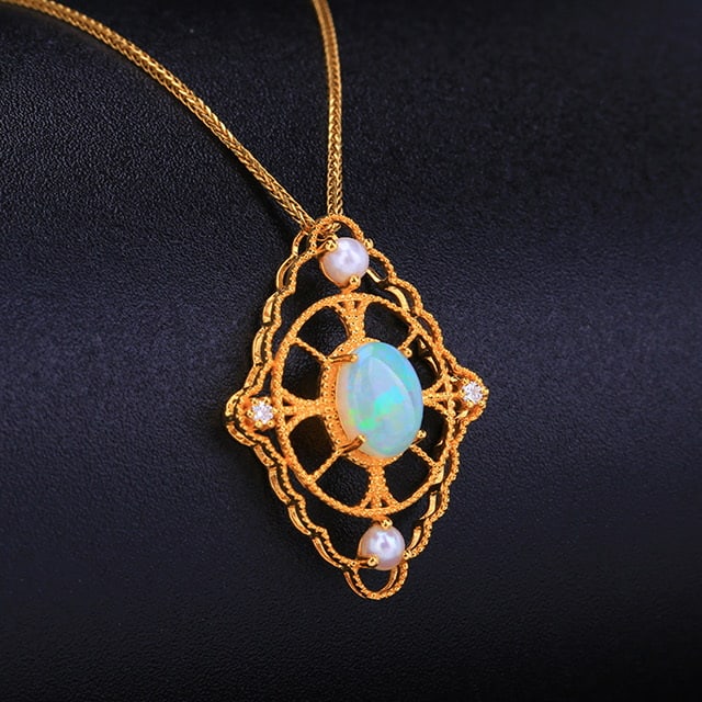 14k Gold 0.99 Ctw Natural Opal & Diamond Pendant( Without Chain ) - 3