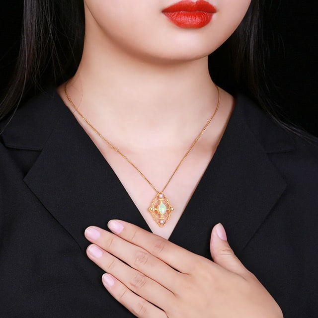 14k Gold 0.99 Ctw Natural Opal & Diamond Pendant( Without Chain ) - 5