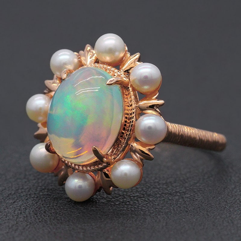 14k Gold 2.18 Ct Natural Opal & Pearl Ring - 2