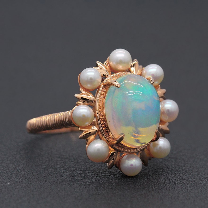 14k Gold 2.18 Ct Natural Opal & Pearl Ring - 3