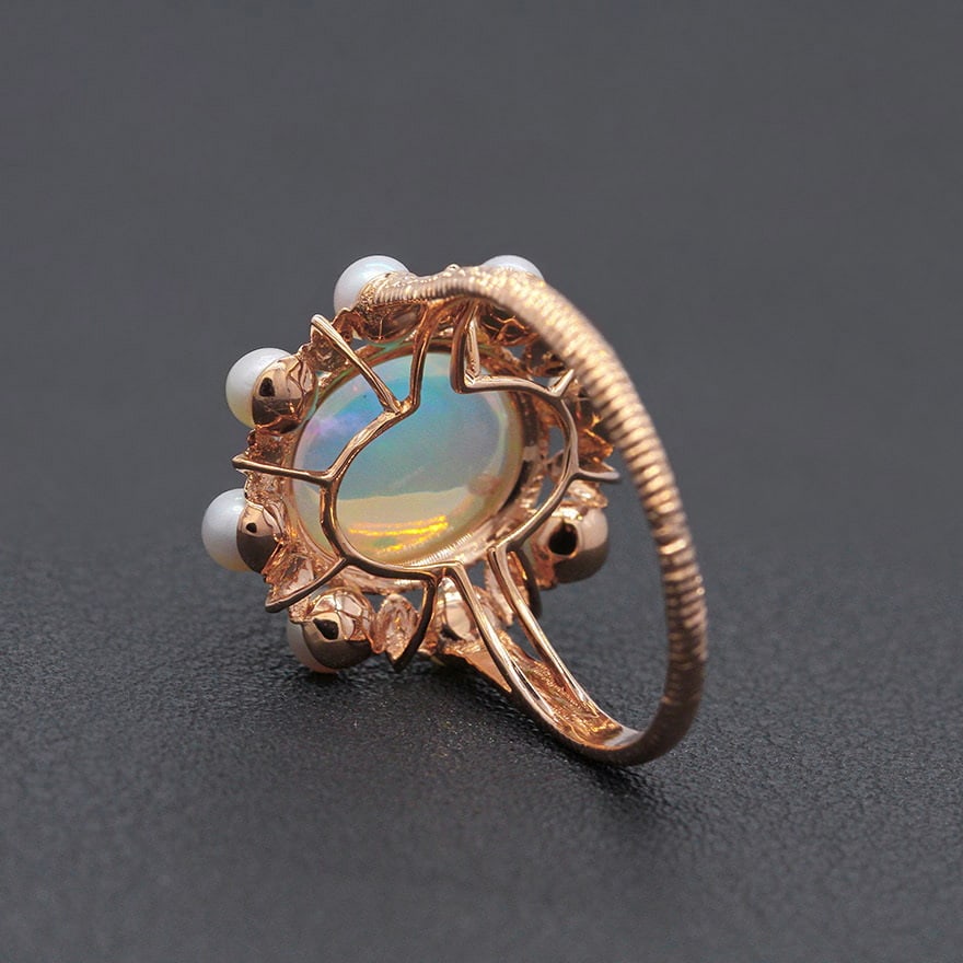 14k Gold 2.18 Ct Natural Opal & Pearl Ring - 4