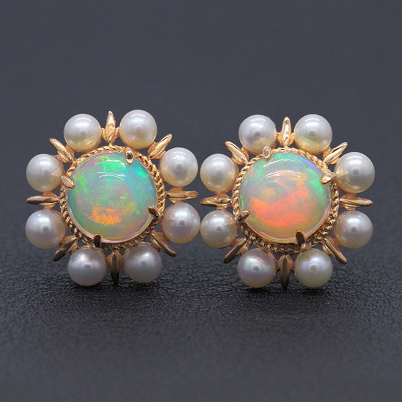 14k Gold 2.30 Ct Natural Opal & Pearl Earrings: Ref:231032200 // gold content:14k gold // main gemstone:opal // shape:round // carat weight:2. 30ct // color:color // treatment:natural // cut grade:g // // adjacent gemstone 2 : pearl // shape:round 