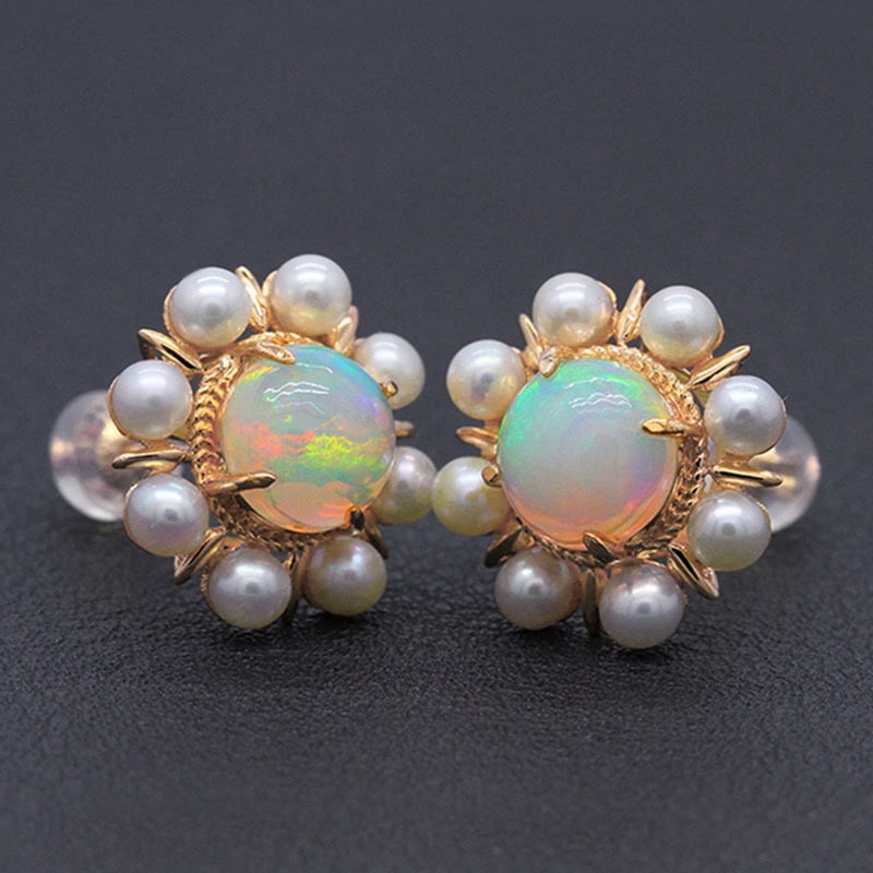14k Gold 2.30 Ct Natural Opal & Pearl Earrings - 2