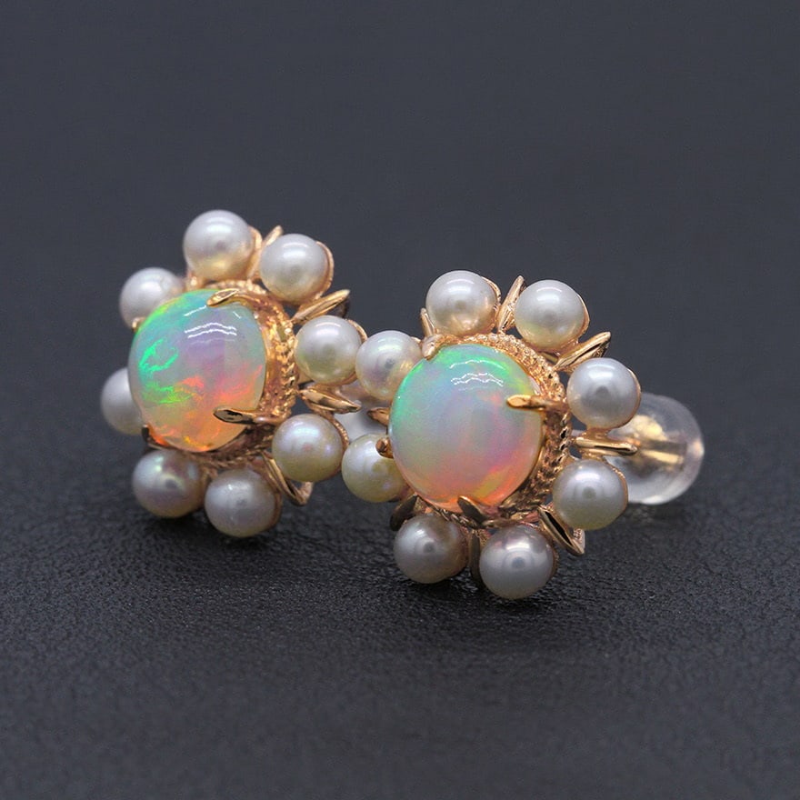 14k Gold 2.30 Ct Natural Opal & Pearl Earrings - 3