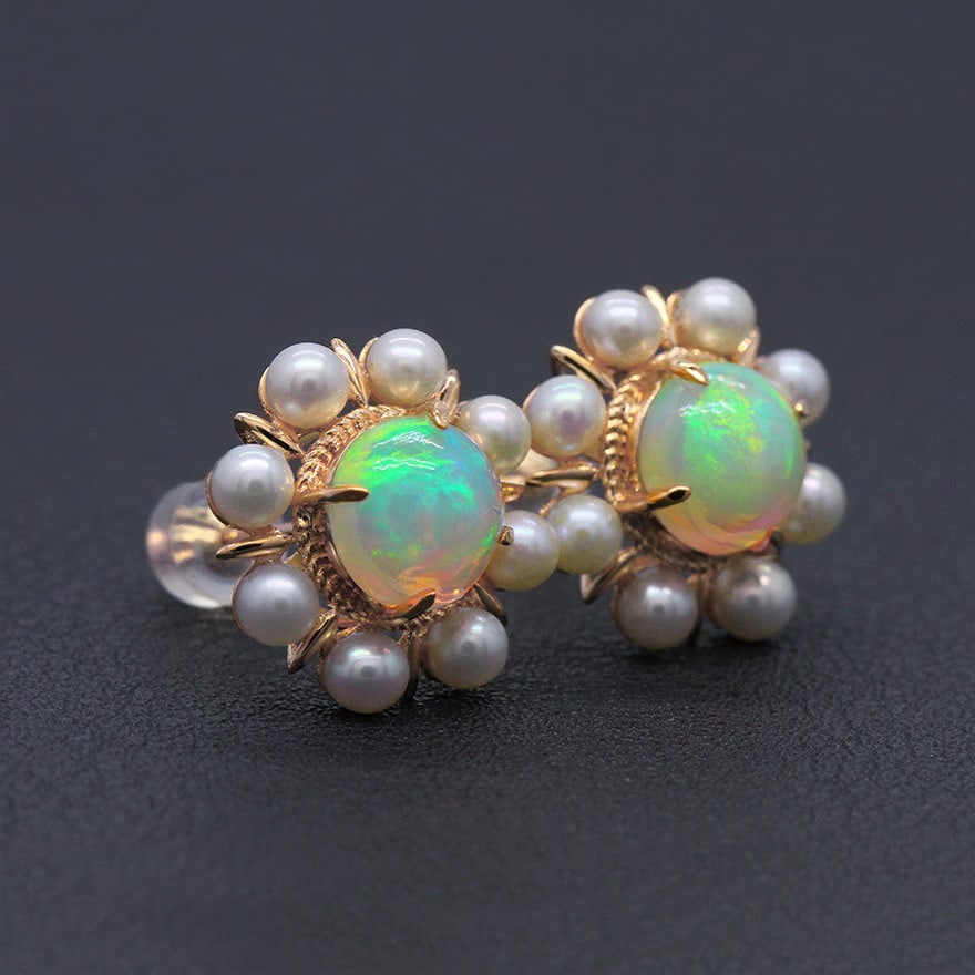 14k Gold 2.30 Ct Natural Opal & Pearl Earrings - 4