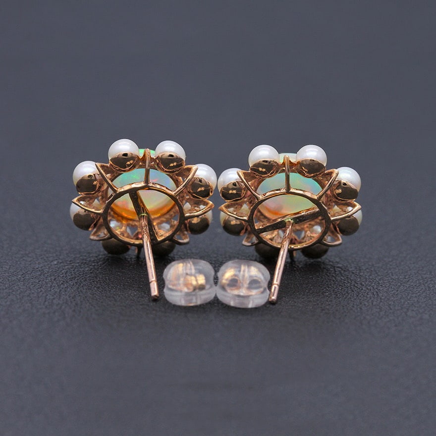 14k Gold 2.30 Ct Natural Opal & Pearl Earrings - 5