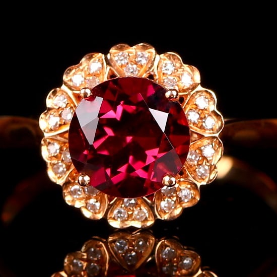 14k Gold 2.13 Ct Natural Tourmaline & Diamond Ring: Ref:231032203 // gold content:14k gold // ring size:7. 25us // // main gemstone:tourmaline // shape:round // carat weight:2. 13ct // color:red // treatment:natural // cut grade:g // // adjacent