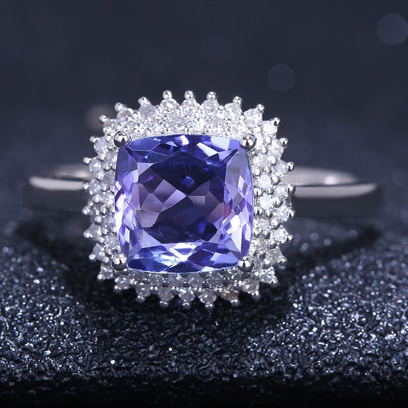 14k Gold 2.21 Ct Natural Tanzanite & Diamond Ring: Ref:231032206 // gold content:14k gold // ring size:7. 25us // // main gemstone:tanzanite // shape:cushion // carat weight:2. 21ct // color:blue // treatment:natural // // adjacent gemstone 2 :