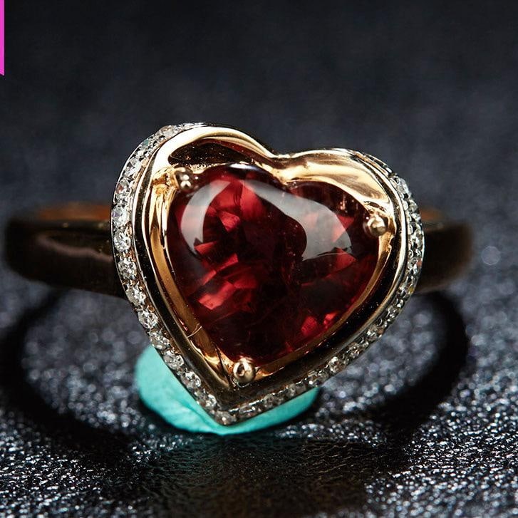 14k Gold 2.2 Ct Natural Tourmaline & Diamond Ring: Ref:231032208 // gold content:14k gold // ring size:7. 25us // // main gemstone:tourmaline // shape:heart // carat weight:2. 2ct // color:red // treatment:natural // // adjacent gemstone 2 : diamond