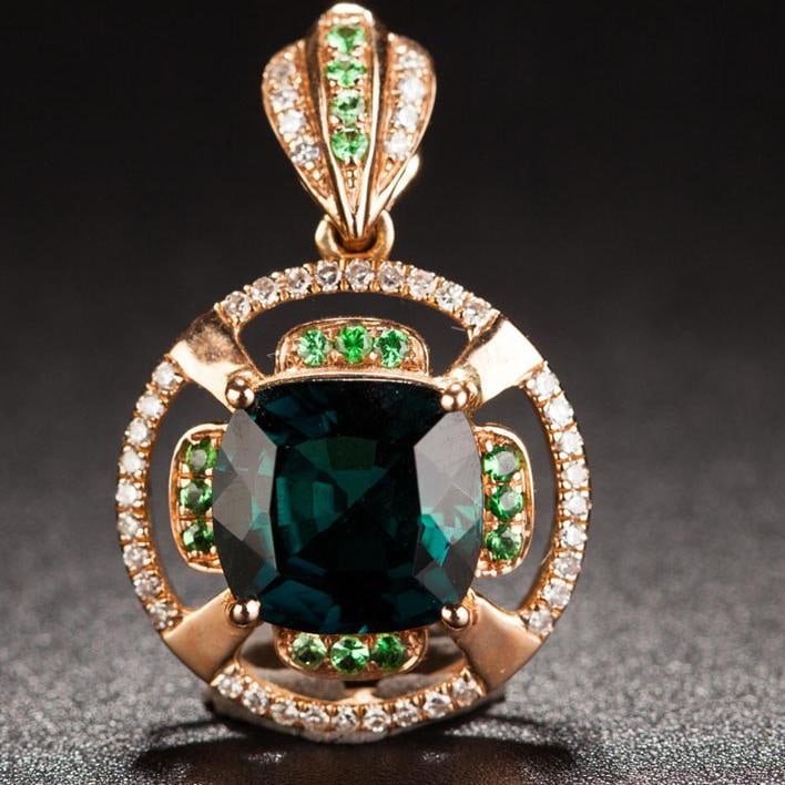 14k Gold 2.4 Ct Natural Tourmaline & Diamond & Tsavorite Pendant( Without Chain ): Ref:231032211 // gold content:14k gold // main gemstone:tourmaline // shape:cushion // carat weight:2. 4ct // color:green // treatment:natural // // adjacent gemstone 2 : diamond // shape:round //