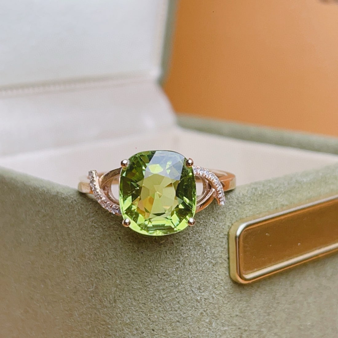 14k Gold 3.3 Ct Natural Tourmaline & Diamond Ring: Ref:231032232 // gold content:14k gold // ring size:7. 25us // // main gemstone:tourmaline // shape:cushion // carat weight:3. 3ct // color:green // treatment:natural // // adjacent gemstone 2 :