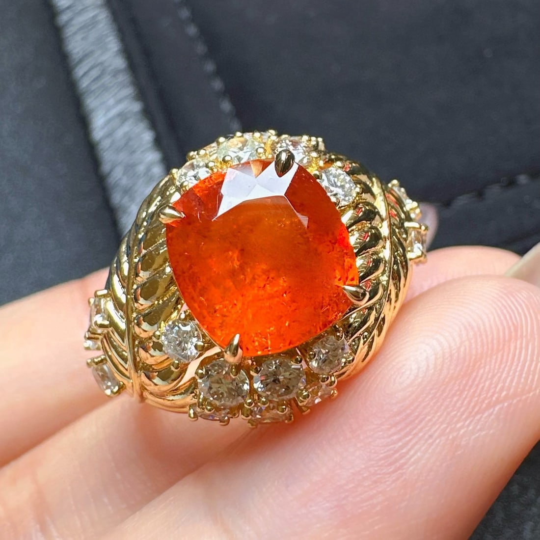 14k Gold 5.05 Ctw Natural Spessartine & Diamond Ring: Ref:231032235 // gold content:14k gold // ring size:7. 25us // // main gemstone:spessartine // shape:cushion // carat weight:3. 83ct // color:orange // treatment:natural // // adjacent gemstone 2 :