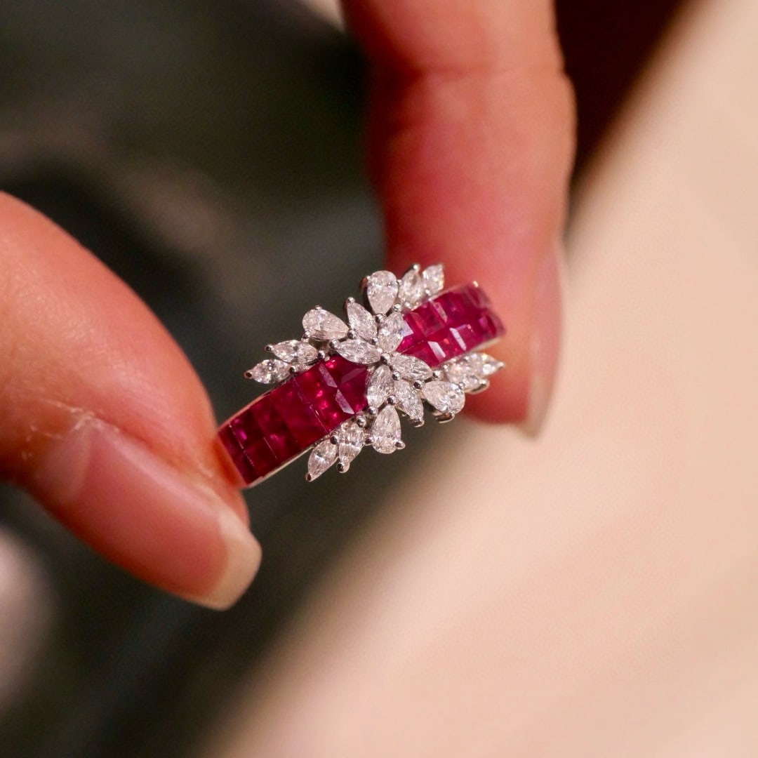 14k Gold 1.99 Ctw Natural Ruby & Diamond Ring: Ref:231032244 // gold content:14k gold // ring size:7. 25us // // main gemstone:ruby // shape:square // carat weight:1. 36ct // color:pigeonblood red // treatment:natural // // adjacent gemstone 2 :