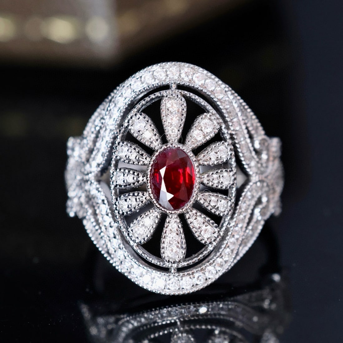 14k Gold 0.94 Ctw Natural Ruby & Diamond Ring: Ref:231032249 // gold content:14k gold // ring size:7. 25us // // main gemstone:ruby // shape:oval // carat weight:0. 46ct // color:pigeonblood red // treatment:natural // // adjacent gemstone 2 :