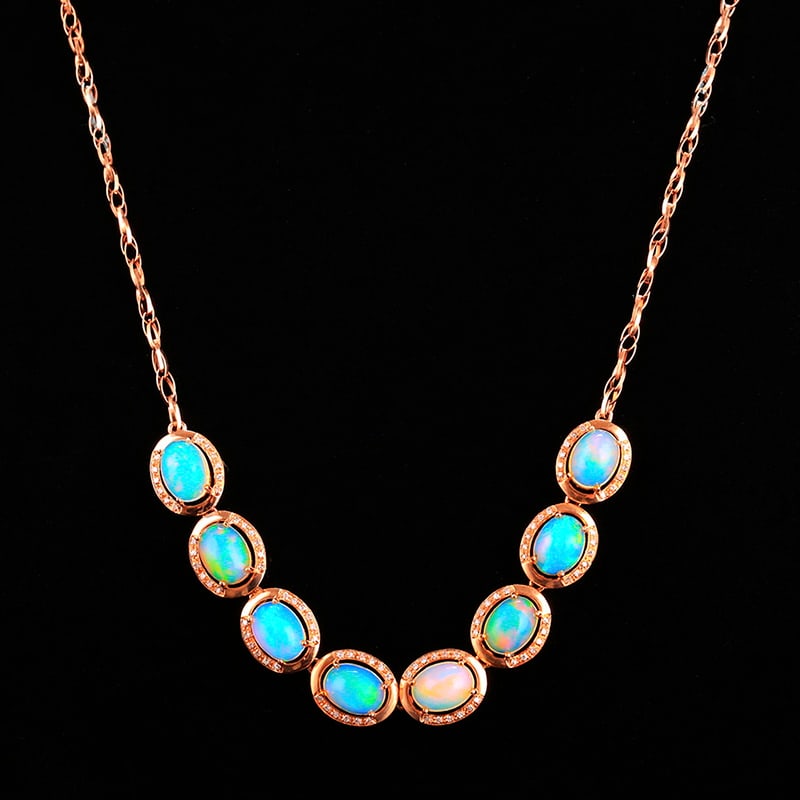 14k Gold 8.66 Ctw Natural Opal & Diamond Necklace: Ref:231032263 // gold content:14k gold // main gemstone:opal // shape:oval // carat weight:8. 37ct // color:color // treatment:natural // // adjacent gemstone 2 : diamond // shape:round // carat