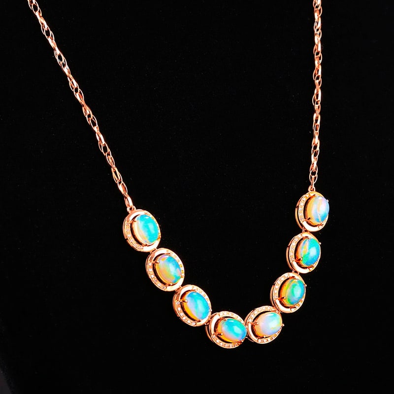 14k Gold 8.66 Ctw Natural Opal & Diamond Necklace - 2