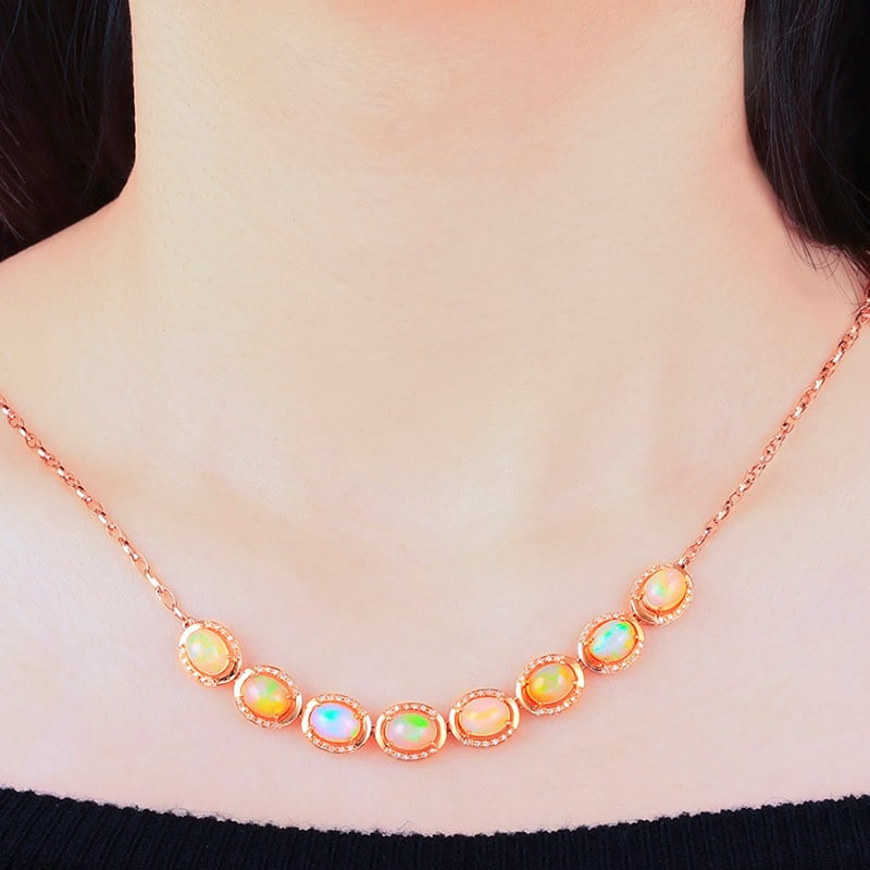 14k Gold 8.66 Ctw Natural Opal & Diamond Necklace - 3