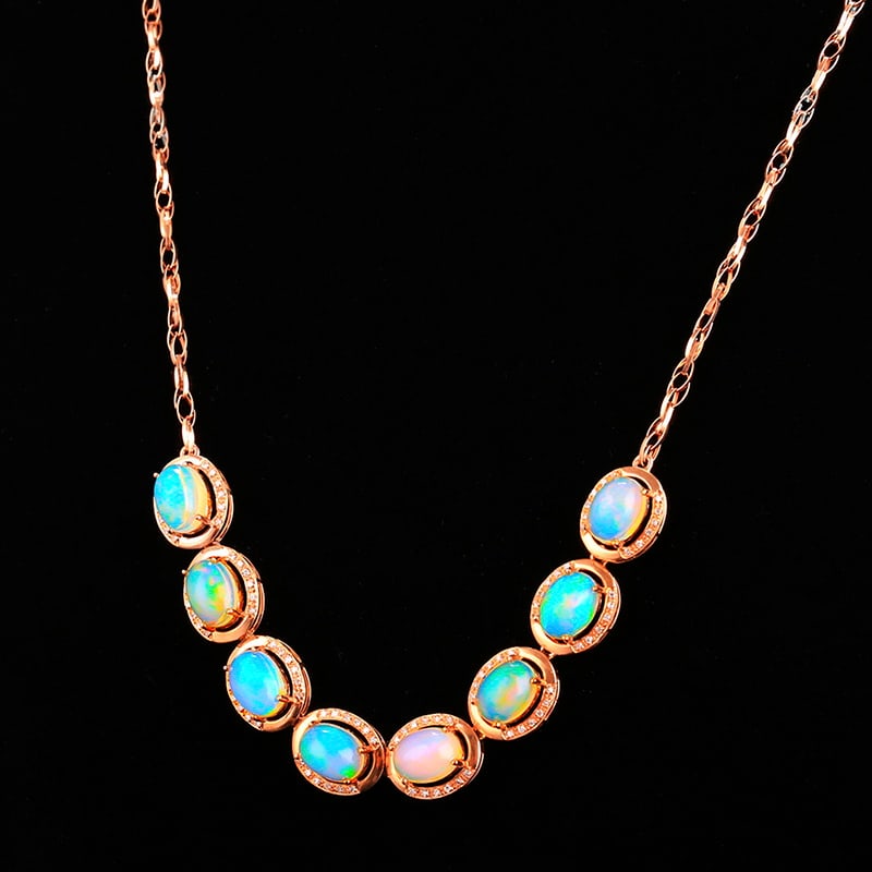 14k Gold 8.66 Ctw Natural Opal & Diamond Necklace - 4