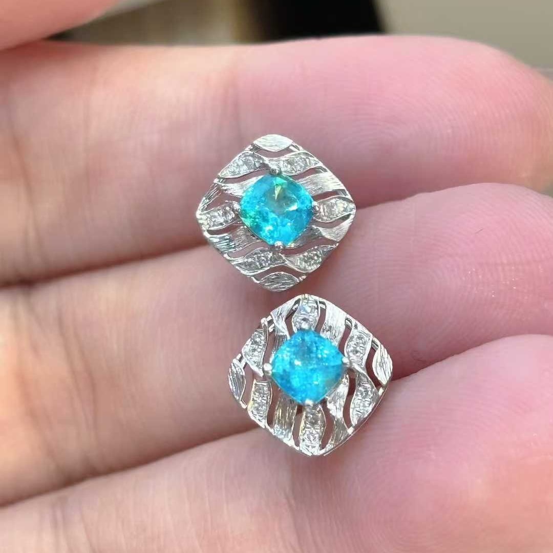 14k Gold 0.42 Ct Natural Paraiba Tourmaline & Diamond Earrings - 2