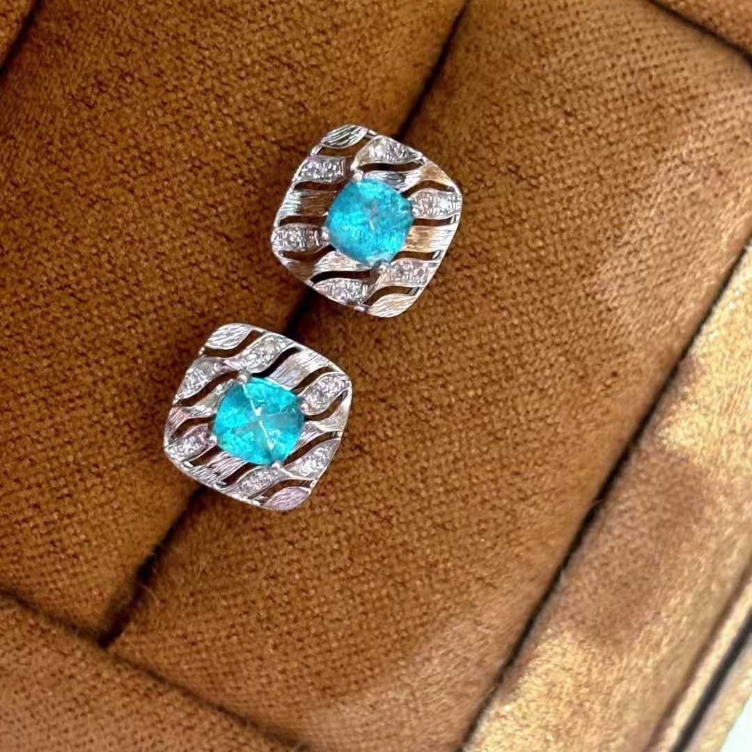 14k Gold 0.42 Ct Natural Paraiba Tourmaline & Diamond Earrings - 5