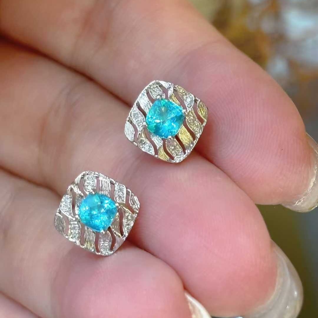 14k Gold 0.42 Ct Natural Paraiba Tourmaline & Diamond Earrings - 6