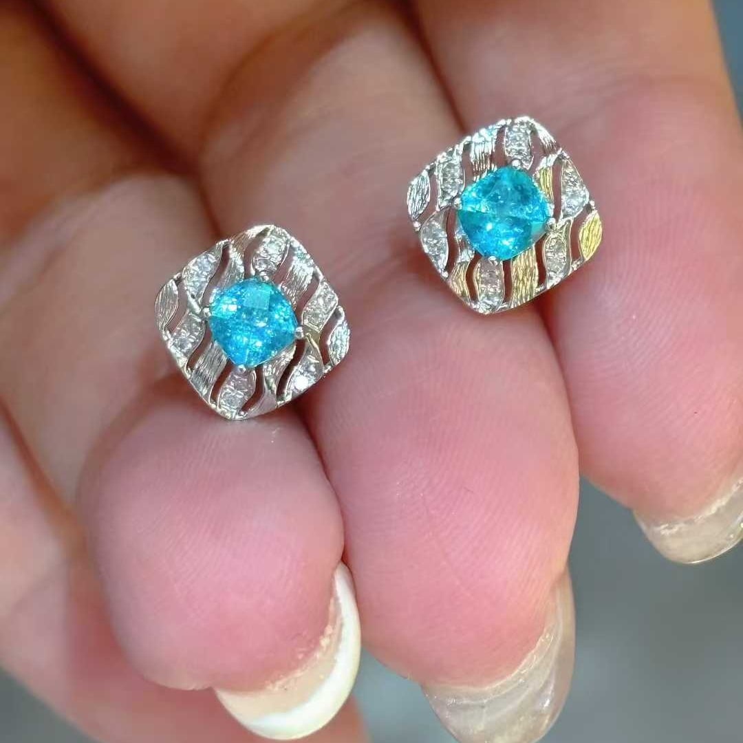 14k Gold 0.42 Ct Natural Paraiba Tourmaline & Diamond Earrings - 7
