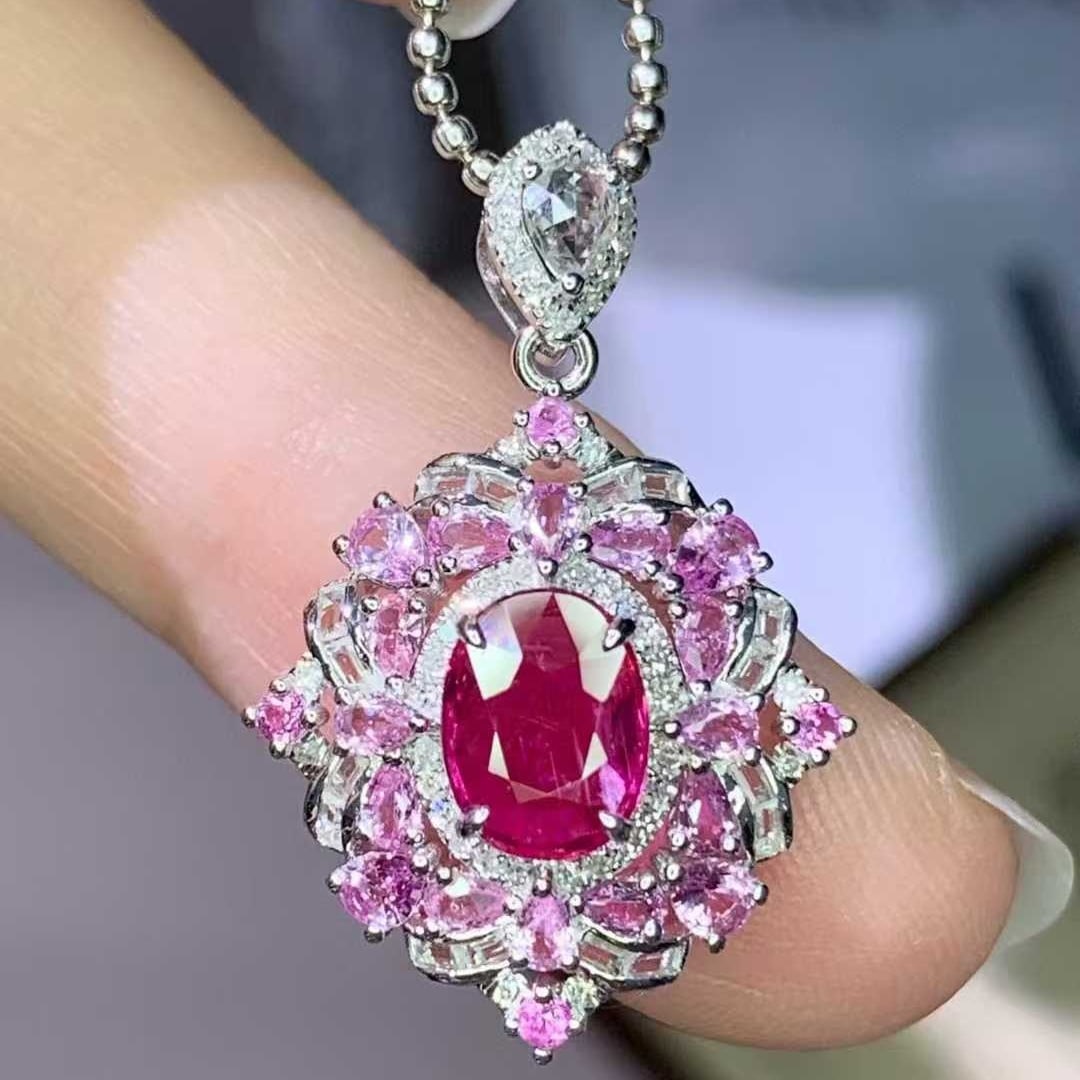 14k Gold 1 Ct Natural Ruby & Diamond & Sapphire Pendant( Without Chain ): Ref:231032294 // gold content:14k gold // main gemstone:ruby // shape:oval // carat weight:1ct // color:red // treatment:natural // // adjacent gemstone 2 : diamond // shape:round // clarity