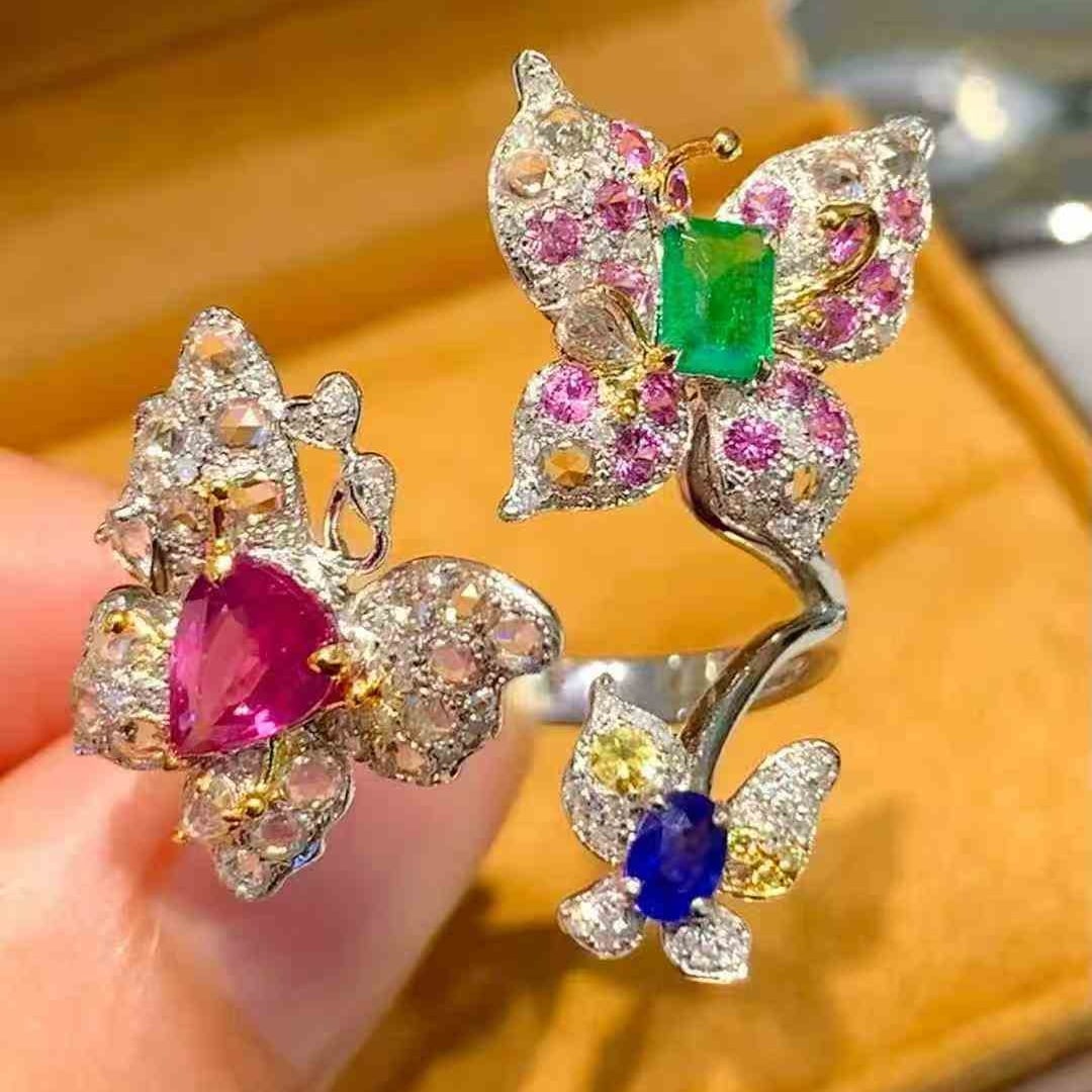 14k Gold 1.8 Ct Natural Ruby & Sapphire & Emerald & Diamond & Sapphire Ring - 2