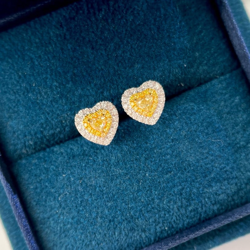 14k Gold 0.21 Ct Natural Yellow Diamond & Diamond Earrings - 2
