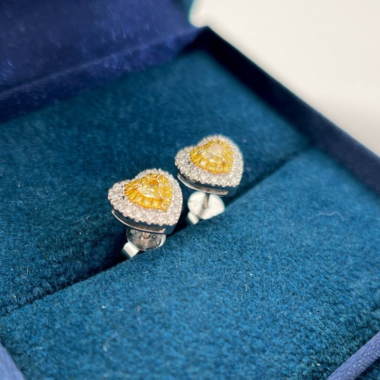 14k Gold 0.21 Ct Natural Yellow Diamond & Diamond Earrings - 3