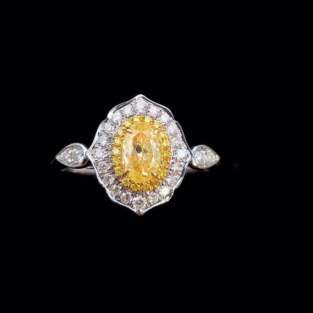 14k Gold 0.42 Ctw Natural Yellow Diamond & Diamond Ring: Ref:231032324 // gold content:14k gold // ring size:7. 25us // // main gemstone:yellow diamond // shape:oval // carat weight:0. 24ct // color:yellow // treatment:natural // // adjacent gemstone 2 :