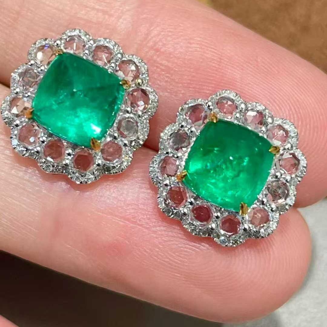 14k Gold 3.23 Ct Vivid Green Natural Emerald & Diamond & Sapphire Earrings - 5