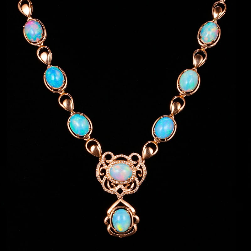 14k Gold 9.58 Ctw Natural Opal & Diamond Necklace: Ref:231032351 // gold content:14k gold // main gemstone:opal // shape:oval // carat weight:9. 23ct // color:color // treatment:natural // // adjacent gemstone 2 : diamond // shape:round // carat