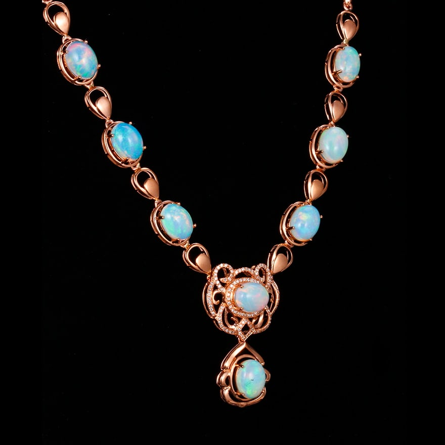 14k Gold 9.58 Ctw Natural Opal & Diamond Necklace - 2