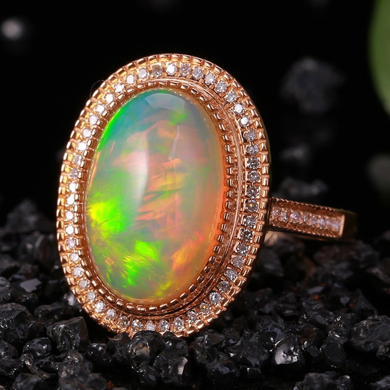 14k Gold 5.38 Ctw Natural Opal & Diamond Ring - 2