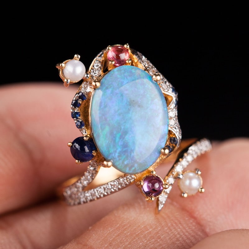 14k Gold 2.35 Ct Natural Opal & Diamond & Sapphire Ring: Ref:231032354 // gold content:14k gold // ring size:7. 25us // // main gemstone:opal // shape:oval // carat weight:2. 35ct // color:color // treatment:natural // // adjacent gemstone 2 : diamond //