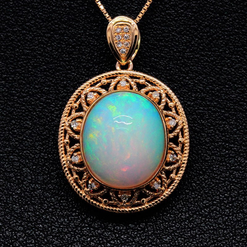 14k Gold 4.67 Ctw Natural Opal & Diamond Pendant( Without Chain ): Ref:231032356 // gold content:14k gold // main gemstone:opal // shape:oval // carat weight:4. 6ct // color:color // treatment:natural // // adjacent gemstone 2 : diamond // shape:round // carat