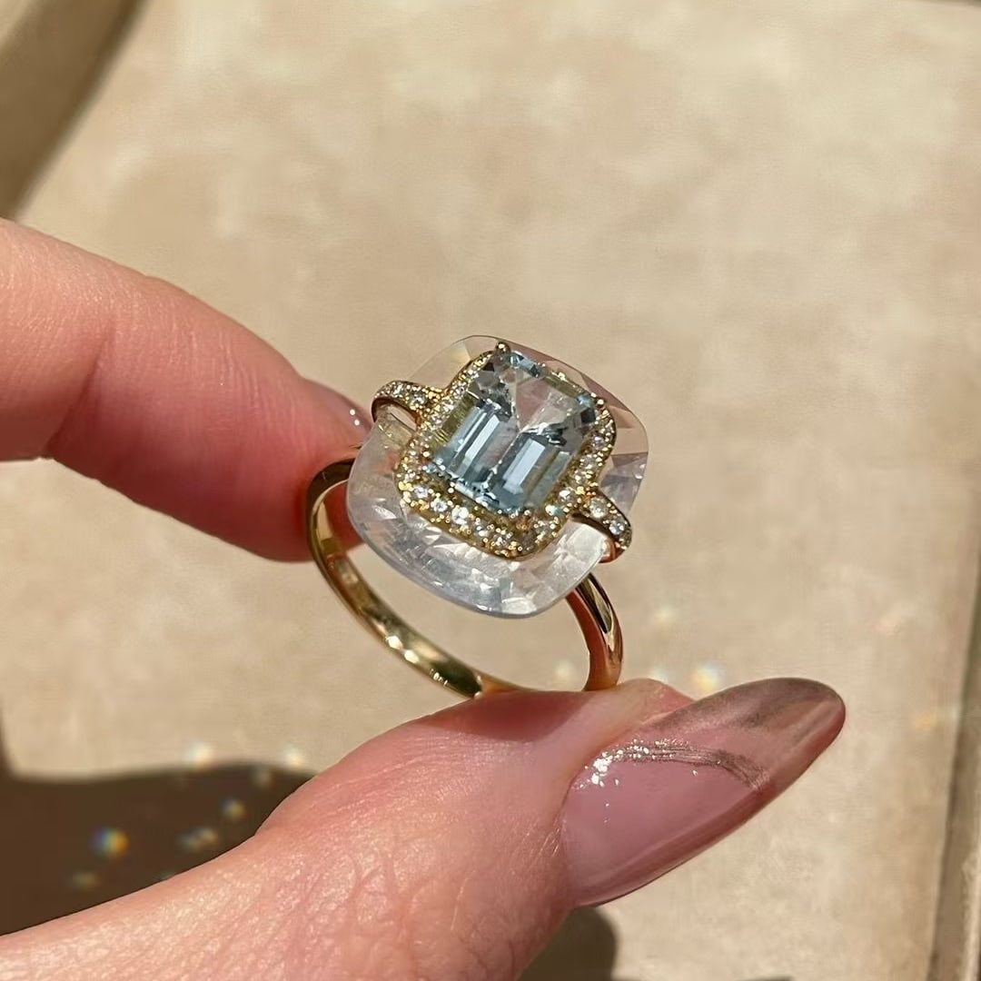 14k Gold 1.5 Ct Natural Aquamarine & Diamond Ring - 2