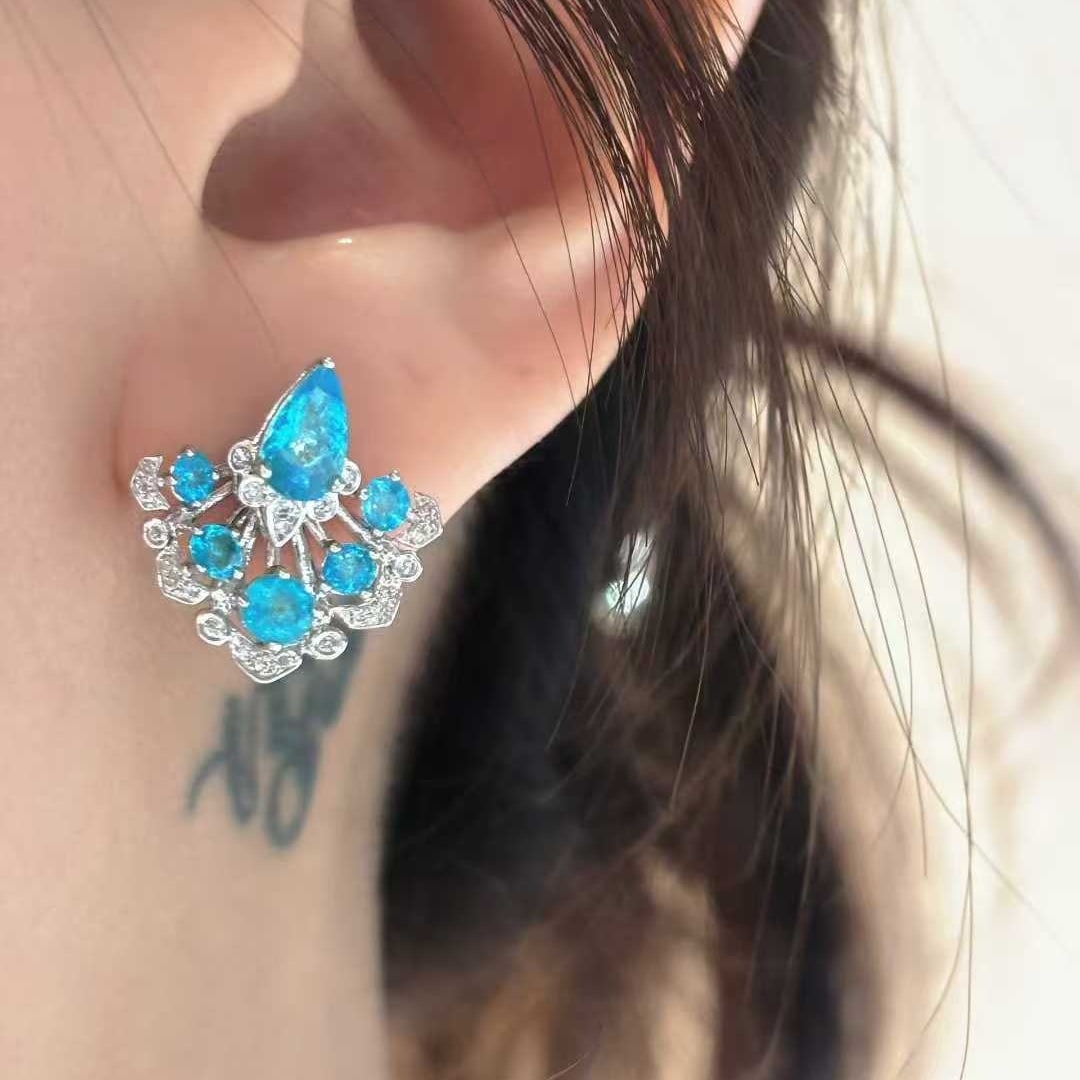 14k Gold 1.55 Ct Natural Paraiba Tourmaline & Diamond Earrings - 2