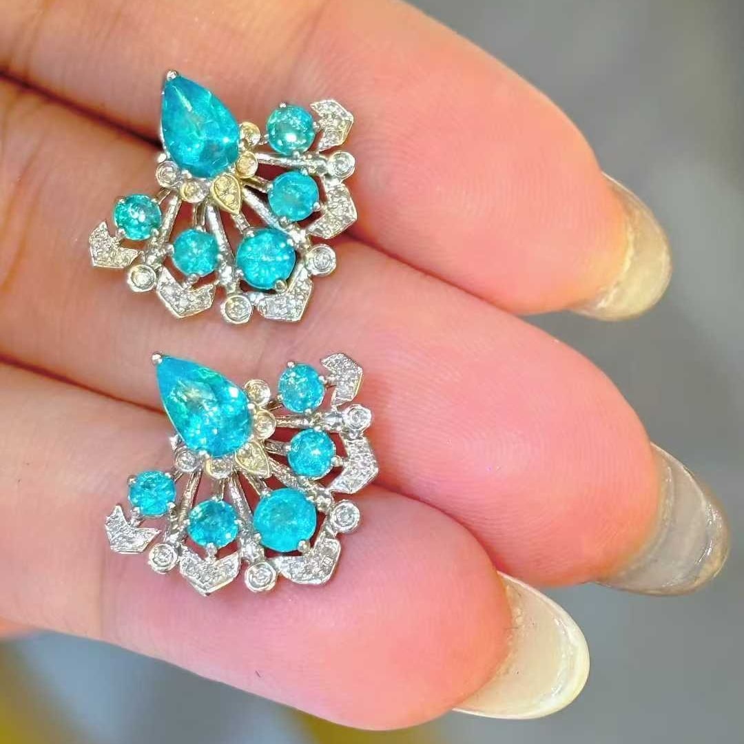 14k Gold 1.55 Ct Natural Paraiba Tourmaline & Diamond Earrings - 4