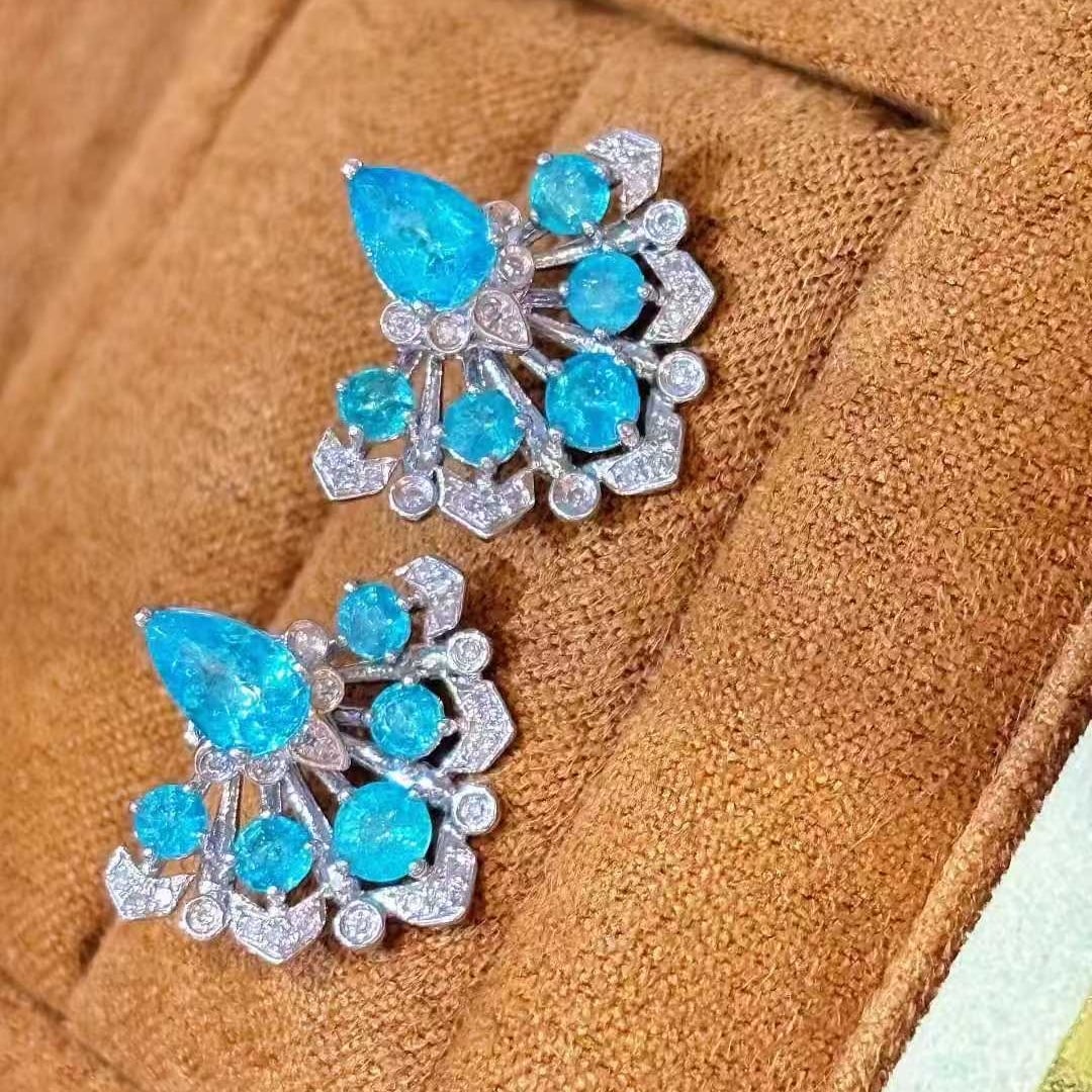 14k Gold 1.55 Ct Natural Paraiba Tourmaline & Diamond Earrings - 8