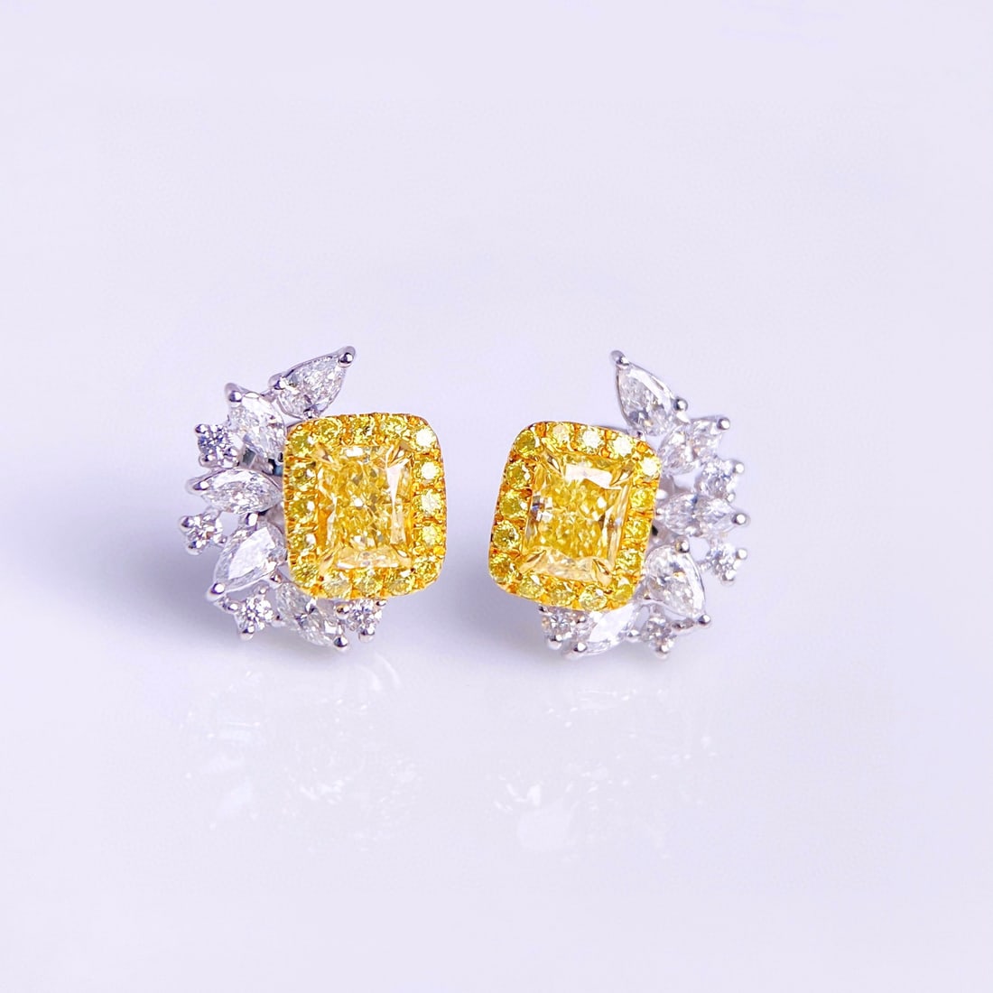 14k Gold 1.30 Ctw Natural Yellow Diamond & Diamond Earrings: Ref:231032383 // gold content:14k gold // main gemstone:yellow diamond // shape:cushion // carat weight:0. 67ct // color:yellow // treatment:natural // // adjacent gemstone 2 : diamond // shape:multip