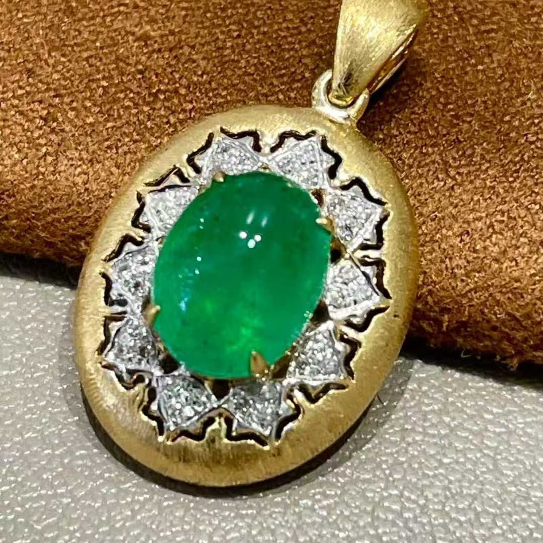 14k Gold 2 Ct Vivid Green Natural Emerald & Diamond Pendant( Without Chain ) - 5