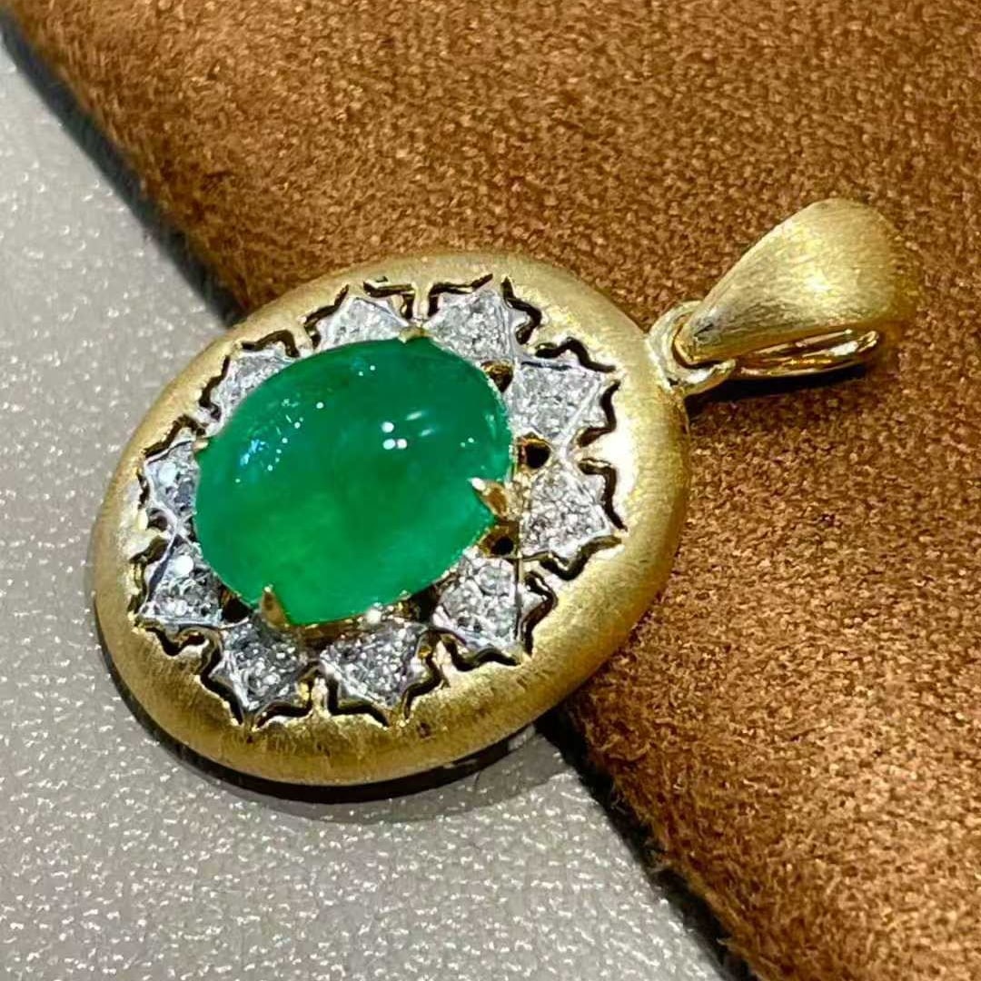 14k Gold 2 Ct Vivid Green Natural Emerald & Diamond Pendant( Without Chain ) - 6