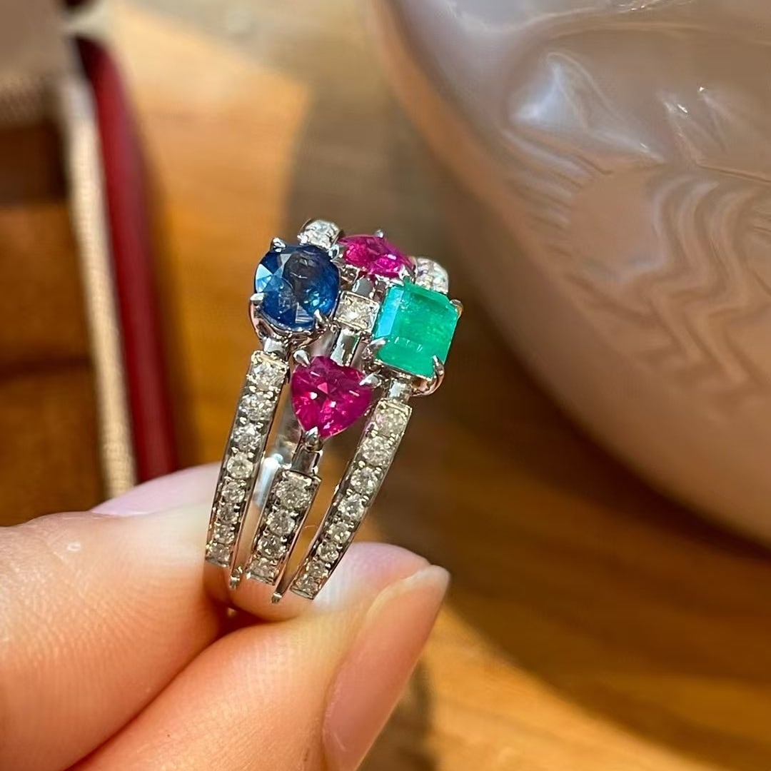 14k Gold 1.4 Ctw Natural Ruby & Emerald & Sapphire Ring - 3